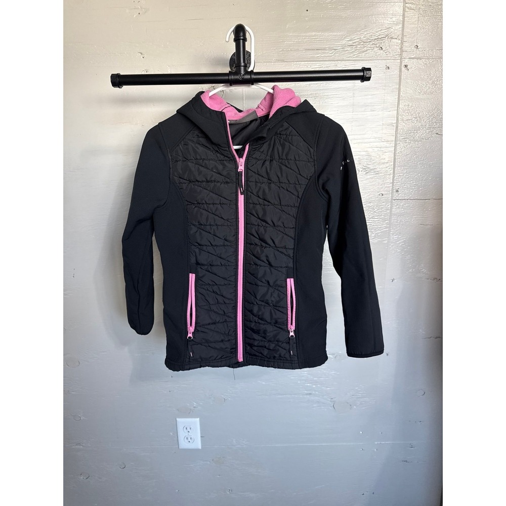 Free Country Girls Black Pink Hooded Softshell Hybrid Puffer Jacket Size M 10/12